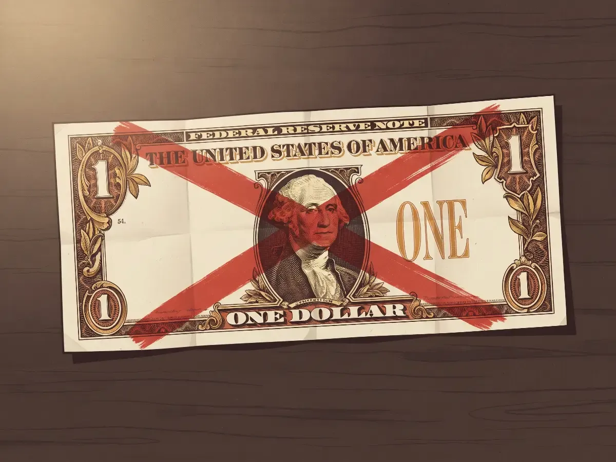 One dollar banknote crossed out by a thick red X