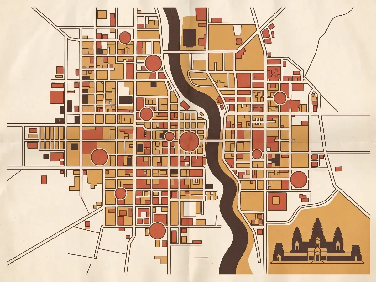 Illustrated map of Siem Reap with red markers on the cafés visited