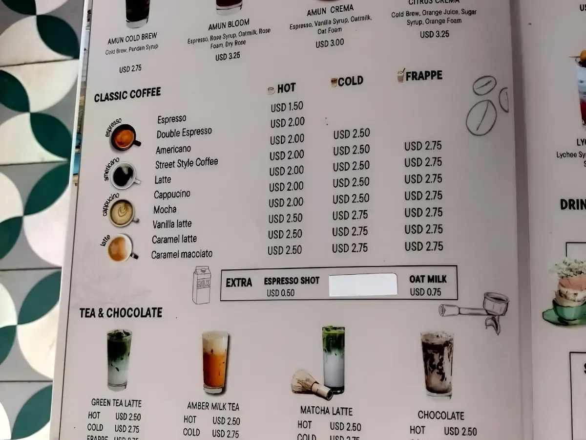 Classic coffee menu at Amun Bar & Restaurant, with the hot americano at $2.00