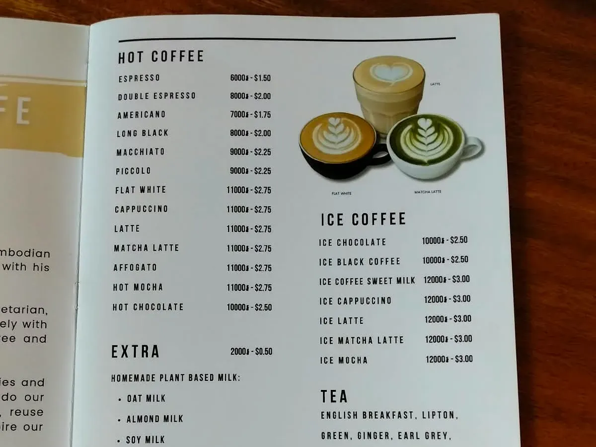 Hot coffee menu at The Source Café, with the americano at 7,000 riel or $1.75