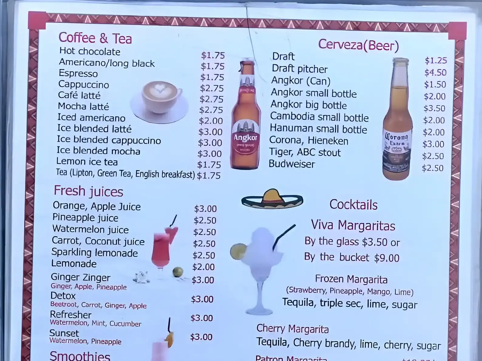 Coffee and tea menu at ¡Viva!, with the americano at $1.75